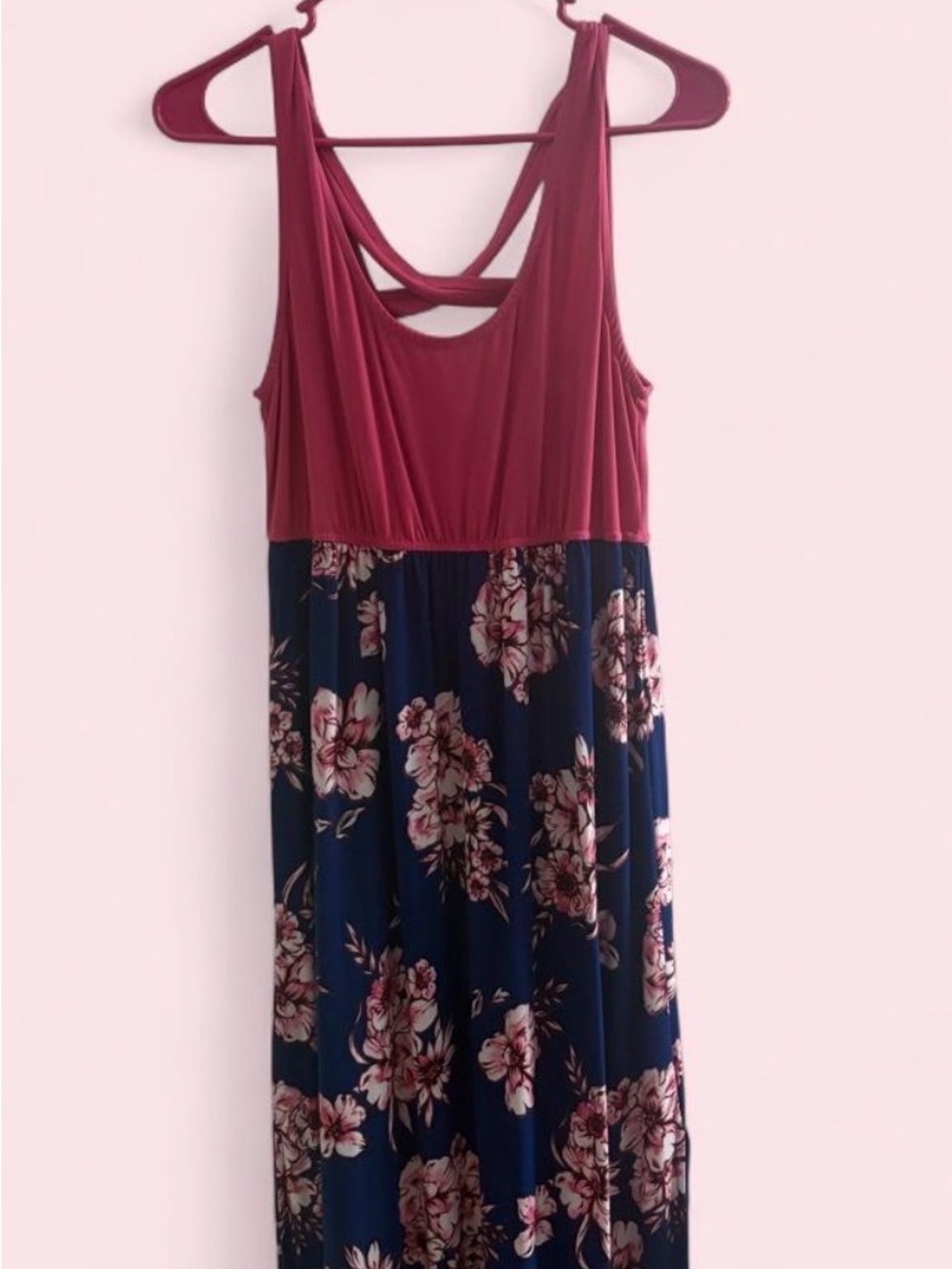 Emerald Two-Tone Burgundy and Navy Floral Maxi Dress